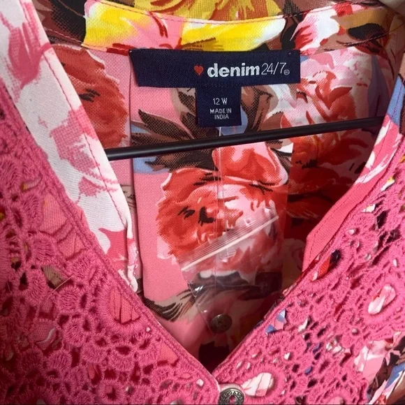 ROAMAN'S Juliet Lace Bigshirt Long Shirt Blouse Multicolor Floral Print Pink 12W - Picture 3 of 10